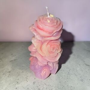 Handmade Pink Rose Pillar Candle – 100% Beeswax Floral Sculpture – Iridescent